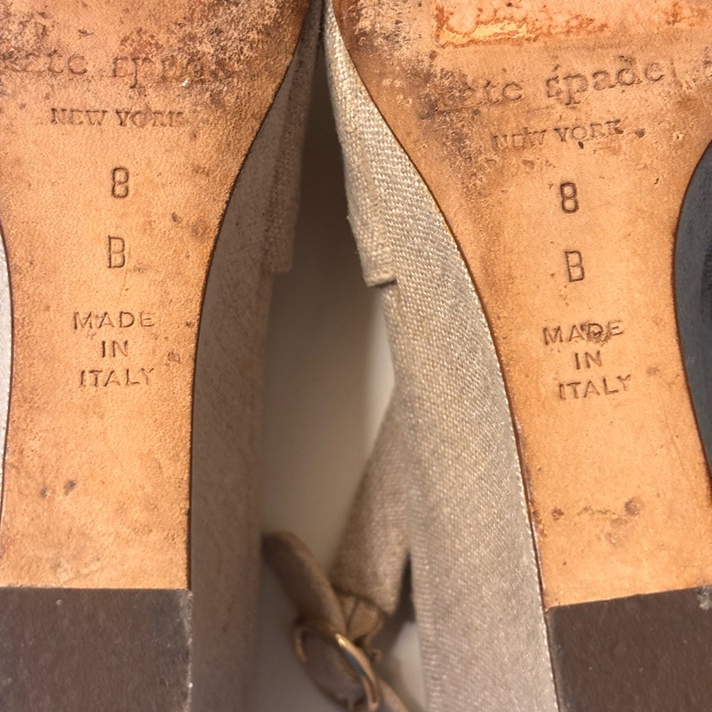 kate spade neutral beige linen peep-toe wedge sandals - Picture 6 of 7